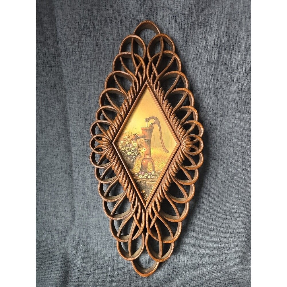 Vintage 1975 Burwood Products Wall Decor Water Pump & Flowers Diamond Plaque